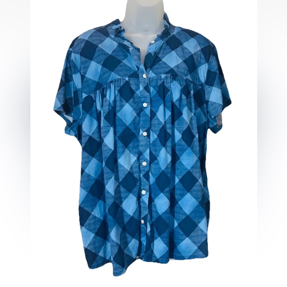 Crown & Ivy Women's 1X Gingham Linen Blend Button Blouse Top Blue Classic